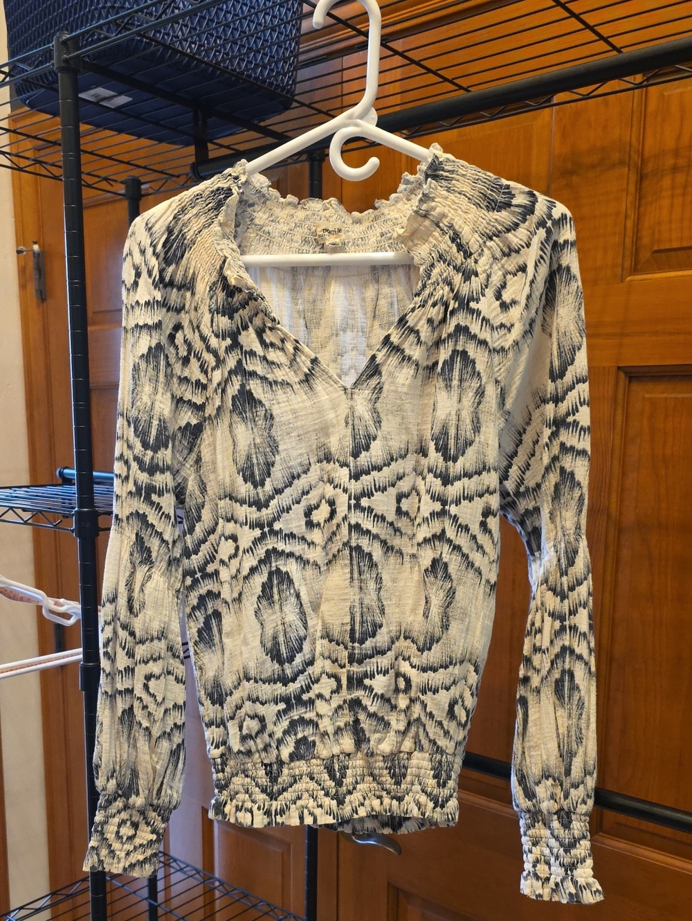 Smocked-Neck Long Sleeve Printed Dress Top - Cream & Black